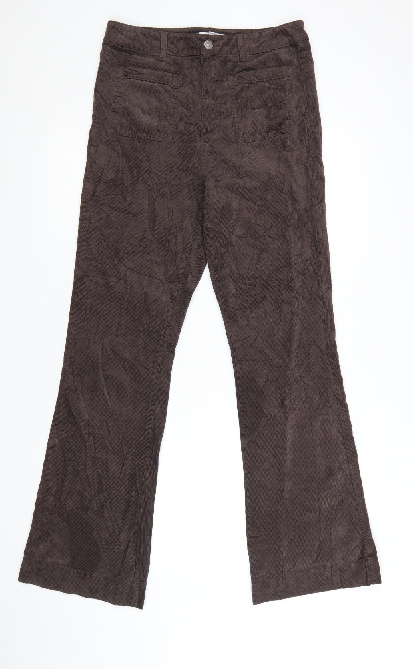 Marks and Spencer Women Brown Corduroy Flared Trousers Size 12 Long