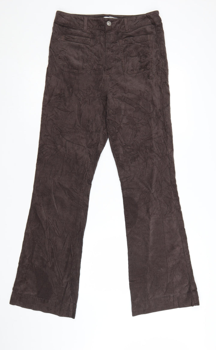 Marks and Spencer Women Brown Corduroy Flared Trousers Size 12 Long