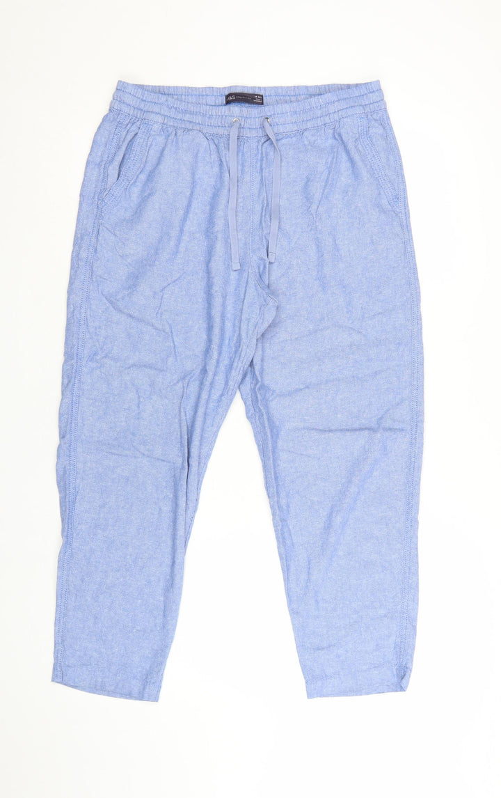 Marks and Spencer Women's Blue Linen Blend Cropped Tapered Trousers Size 14