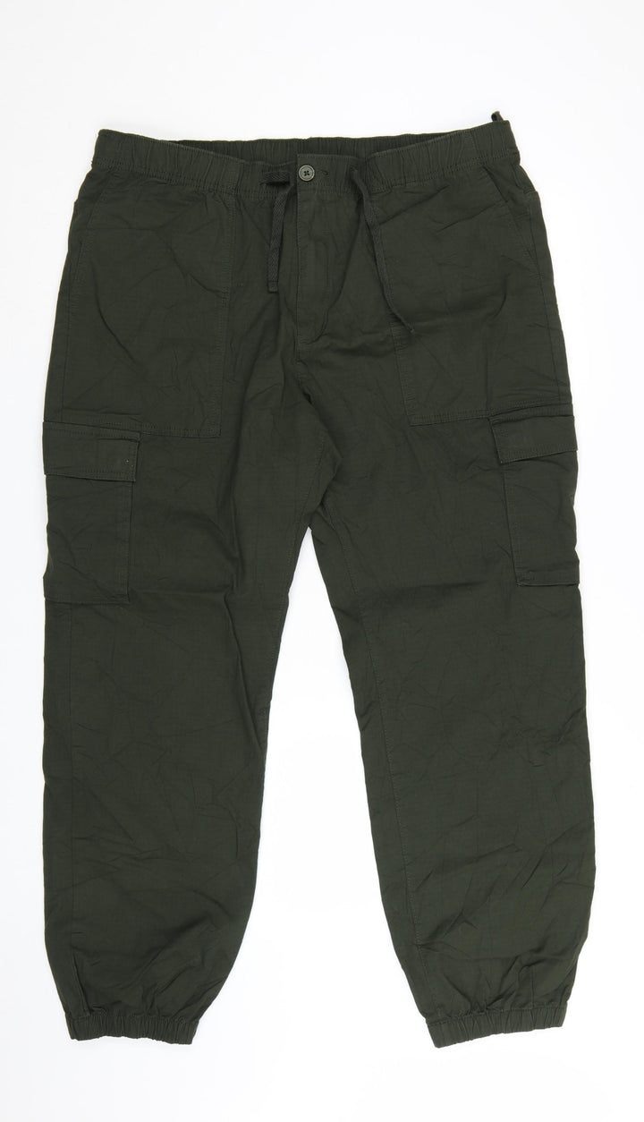 Marks and Spencer Men's Green Cargo Trousers XL Elastic Waist Cotton Blend