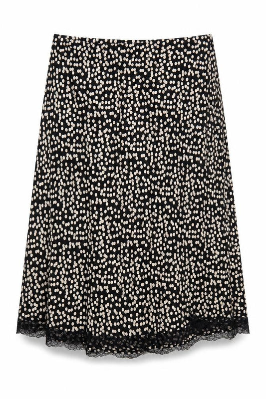 Front view of Marks & Spencer women’s black polka dot lace trim a-line skirt, size UK 20