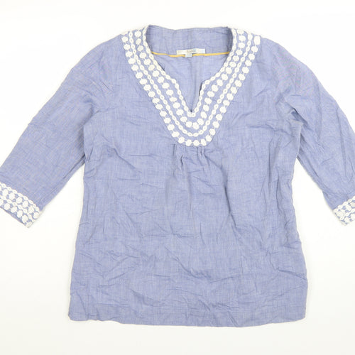 Boden Women Blue Cotton Tunic Blouse UK 12 Embroidered V-Neck 3/4 Sleeve