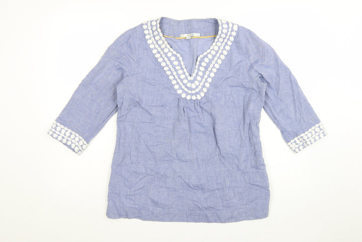 Boden Women Blue Cotton Tunic Blouse UK 12 Embroidered V-Neck 3/4 Sleeve