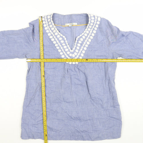 Boden Women Blue Cotton Tunic Blouse UK 12 Embroidered V-Neck 3/4 Sleeve