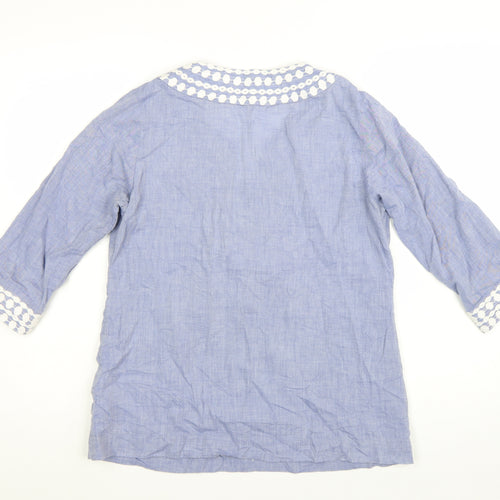 Boden Women Blue Cotton Tunic Blouse UK 12 Embroidered V-Neck 3/4 Sleeve