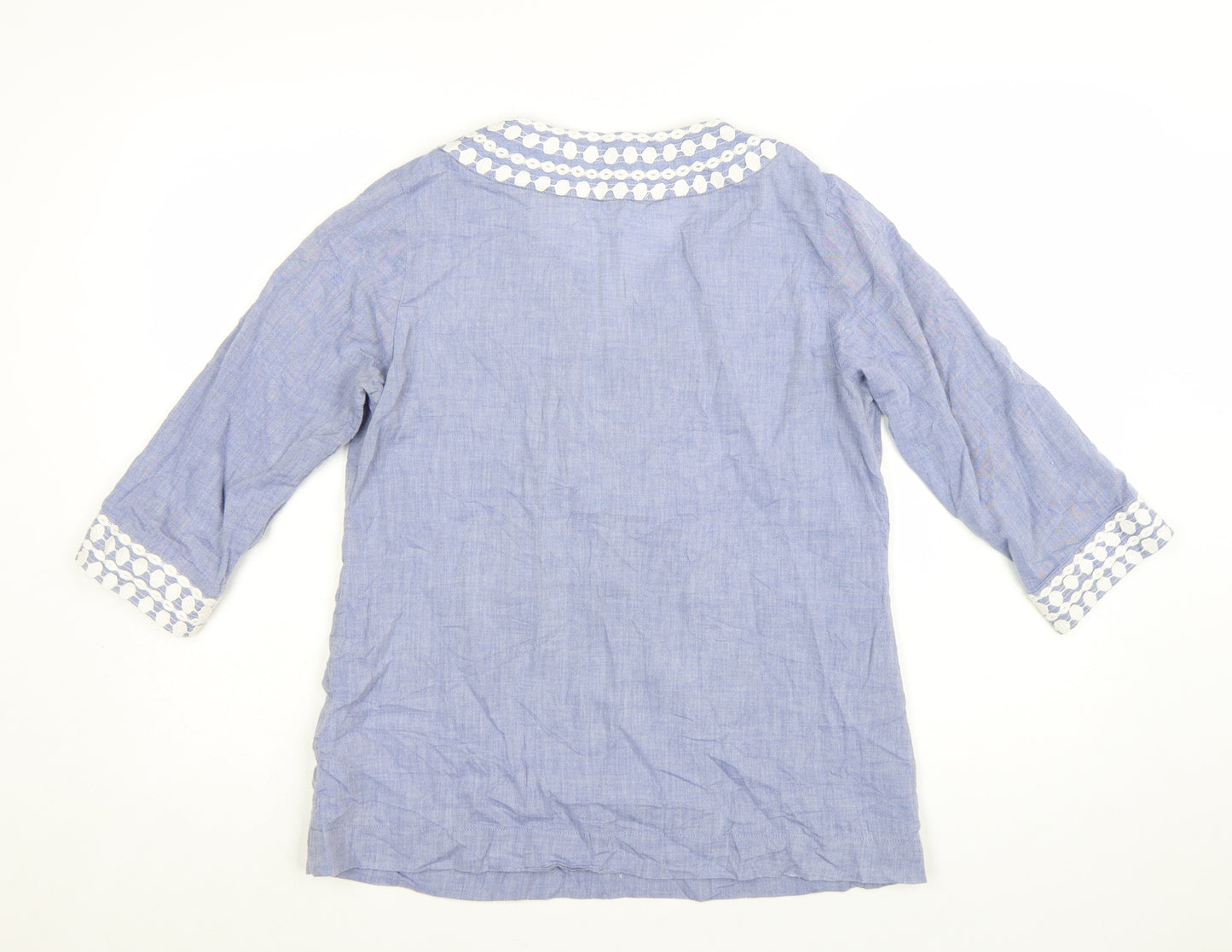 Boden Women Blue Cotton Tunic Blouse UK 12 Embroidered V-Neck 3/4 Sleeve