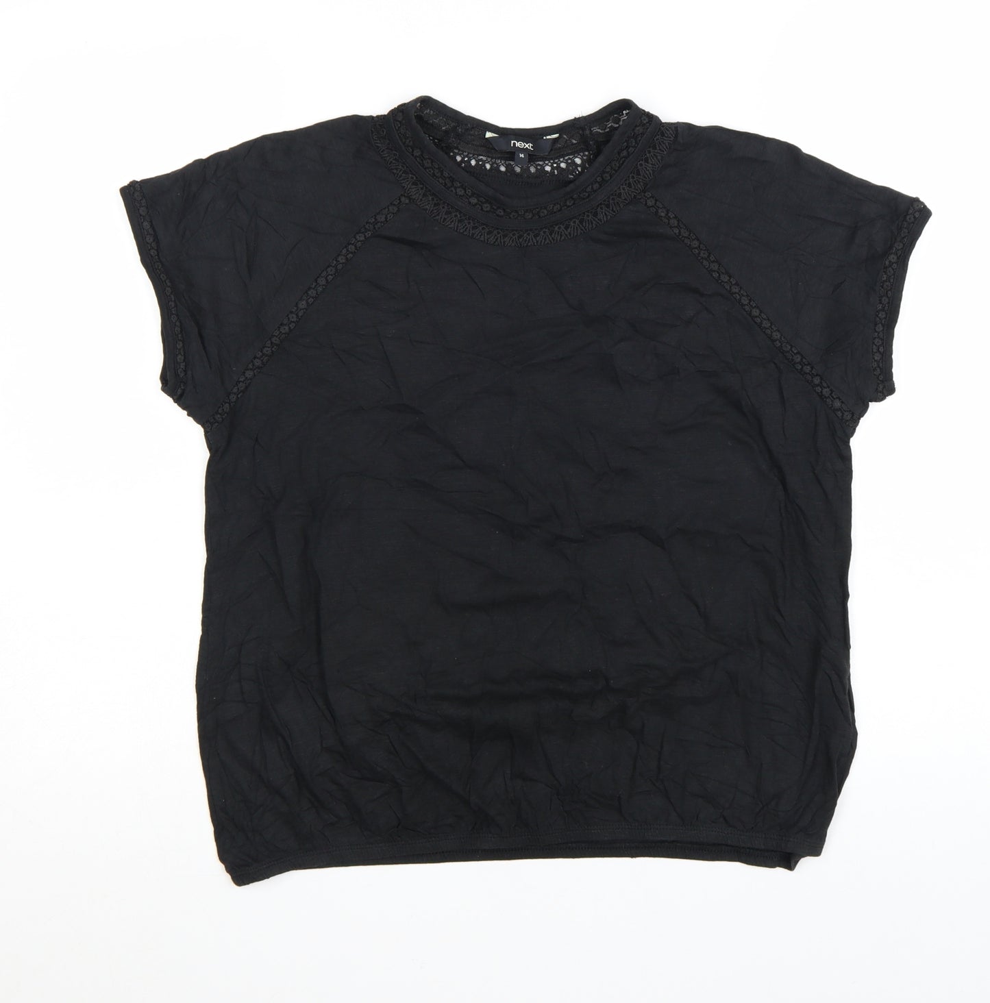 Next Womens Black Cotton Crochet Trim Short Sleeve T-Shirt Size 14