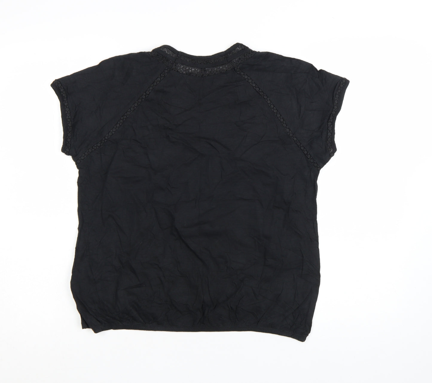 Next Womens Black Cotton Crochet Trim Short Sleeve T-Shirt Size 14