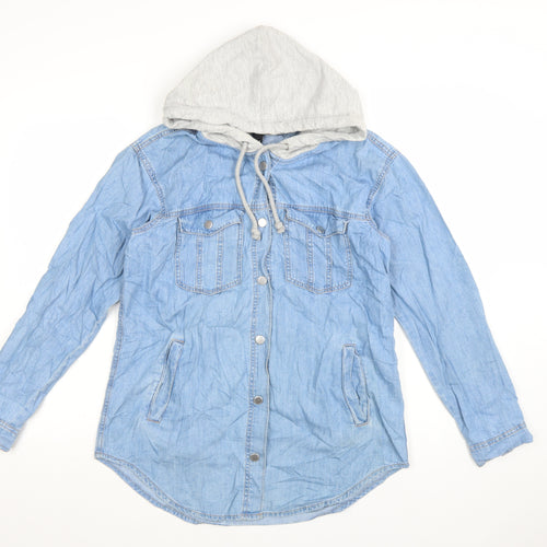 H&M Divided Womens Blue Denim Hooded Button-Up Shirt Size 8