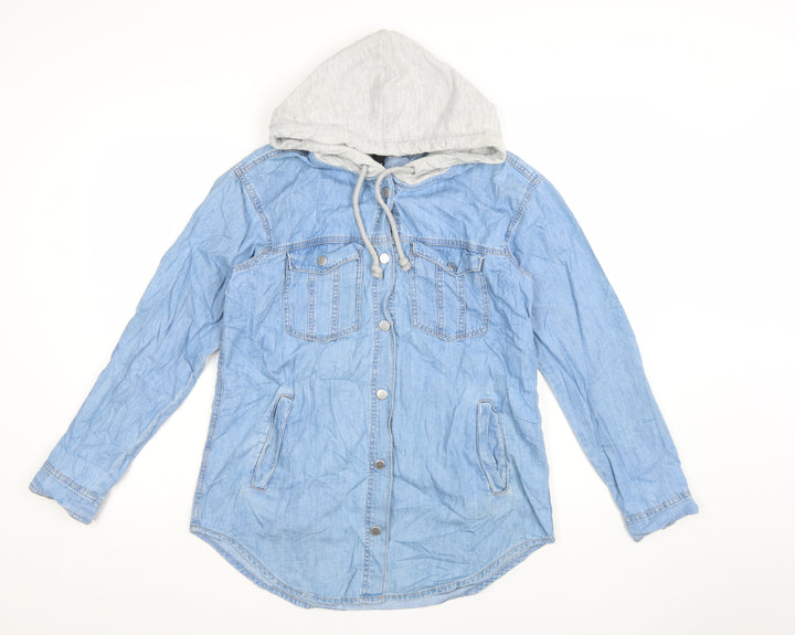 H&M Divided Womens Blue Denim Hooded Button-Up Shirt Size 8