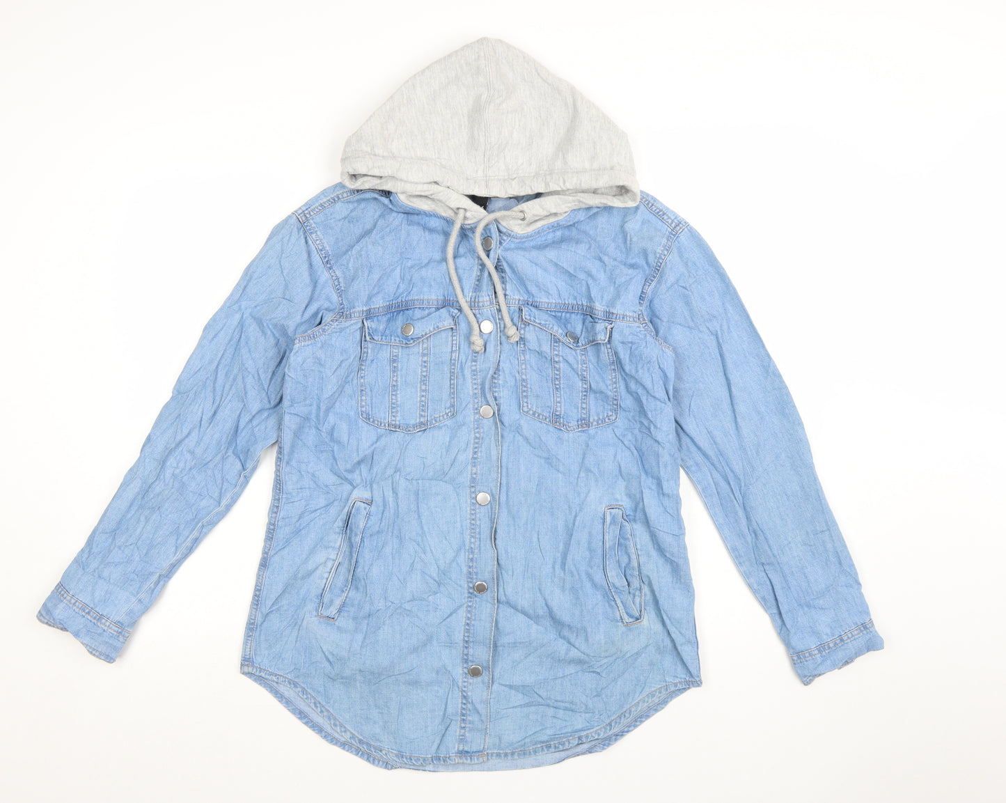 H&M Divided Womens Blue Denim Hooded Button-Up Shirt Size 8