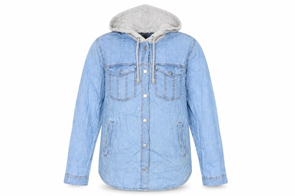 Front view of H&M Divided women’s blue denim hooded button-up shirt, size UK 8