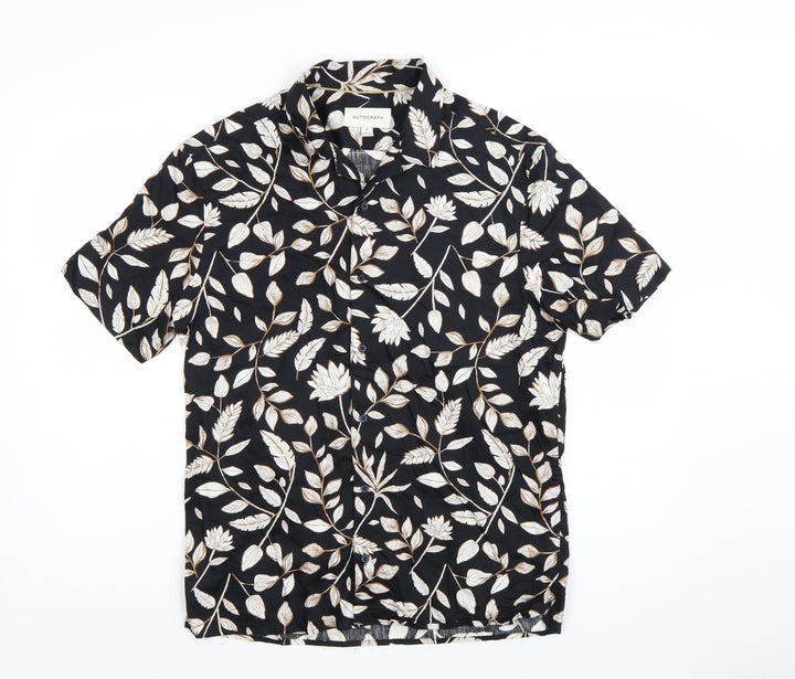 Marks and Spencer Autograph Men's Black Floral Short Sleeve Button-Up Shirt M