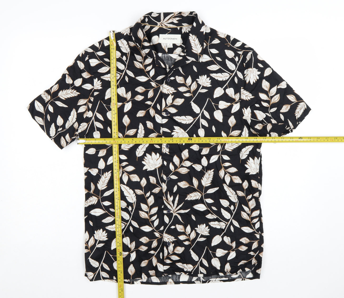 Marks and Spencer Autograph Men's Black Floral Short Sleeve Button-Up Shirt M