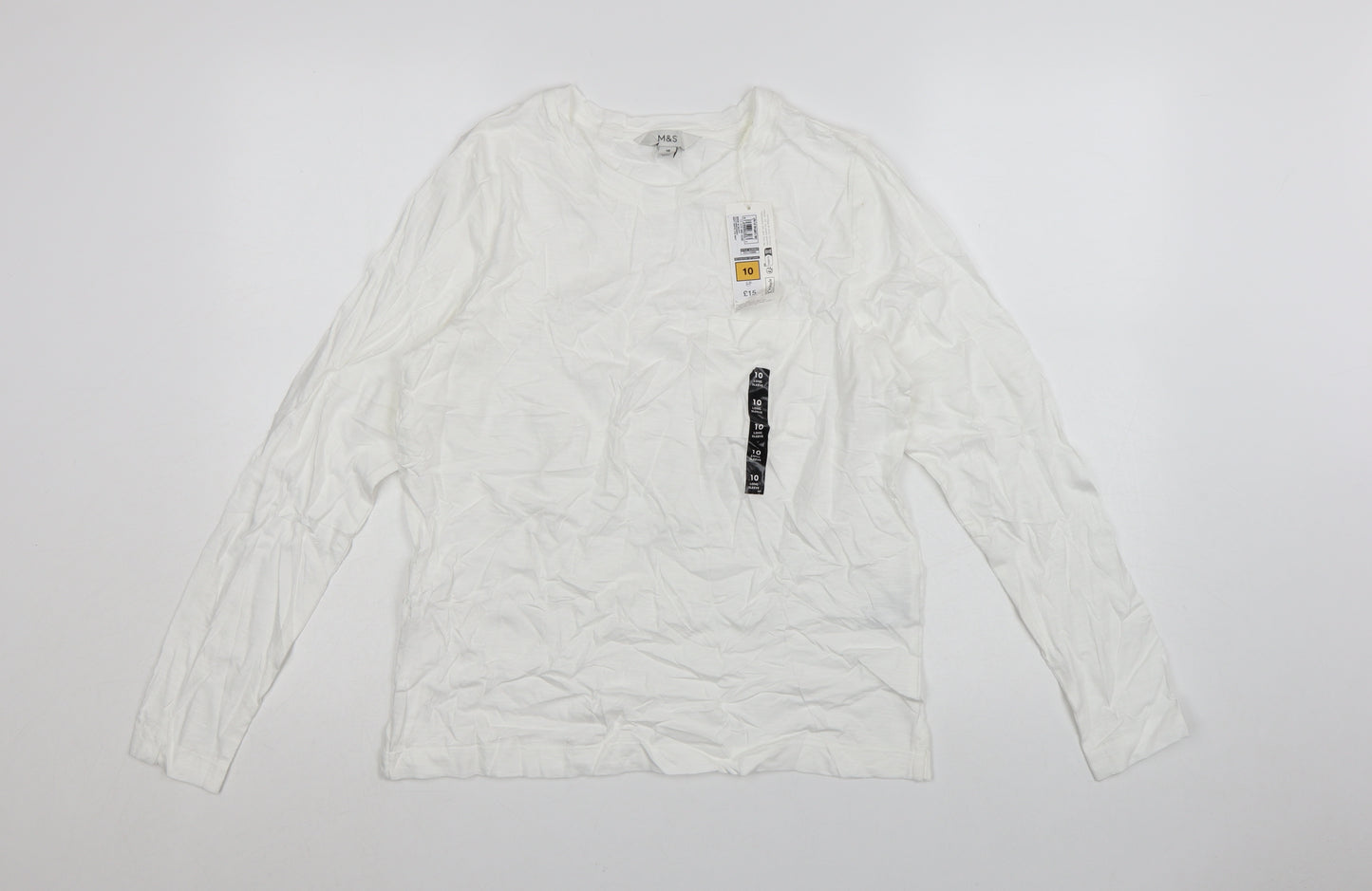 Marks and Spencer Women White Long Sleeve Basic Cotton T-Shirt Size 10