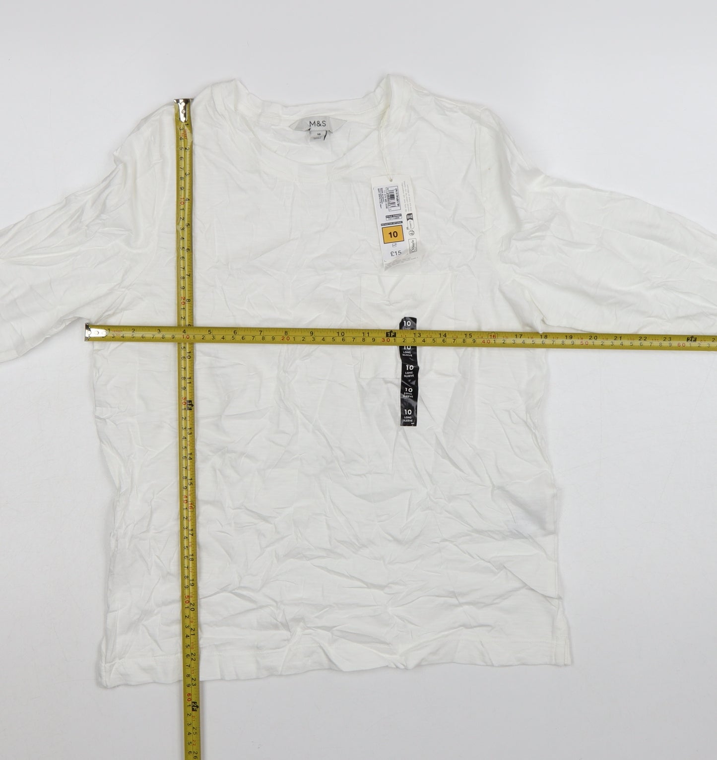 Marks and Spencer Women White Long Sleeve Basic Cotton T-Shirt Size 10