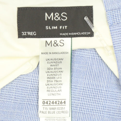 Marks and Spencer Men's Blue Slim Fit Check Chino Trousers 32W 31L