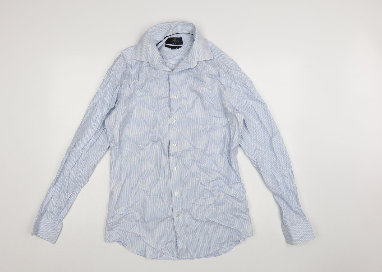 Marks and Spencer Mens Blue Slim Fit Check Cotton Dress Shirt 15.5in Collar