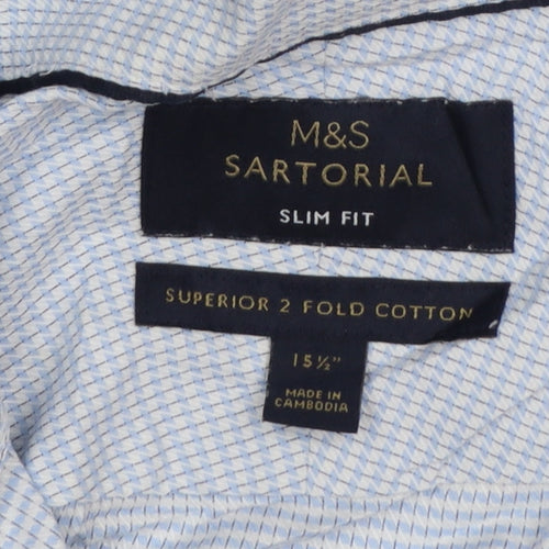 Marks and Spencer Mens Blue Slim Fit Check Cotton Dress Shirt 15.5in Collar