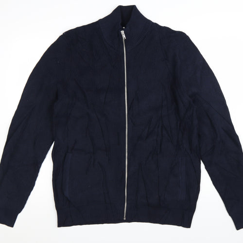 Marks and Spencer Men Blue XL Full Zip Cotton Blend Jumper