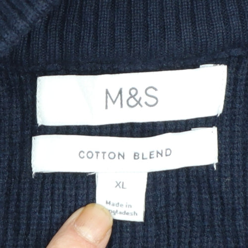 Marks and Spencer Men Blue XL Full Zip Cotton Blend Jumper