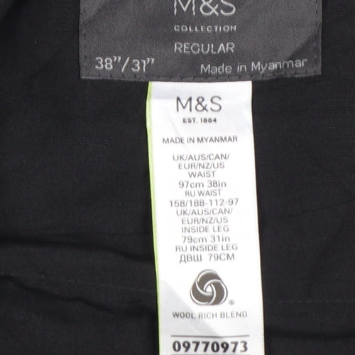 Marks and Spencer Men's Black Wool Blend Regular Fit Dress Trousers 38x31