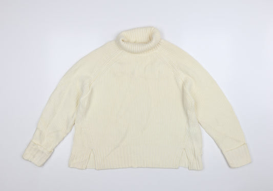 Jaeger Women Ivory Merino Wool Roll Neck Jumper Size S