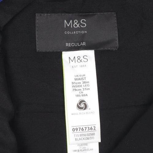 Marks and Spencer Men's Black Wool Blend Regular Fit Dress Trousers 36W 31L