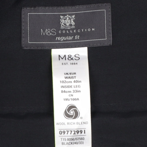 Marks and Spencer Men's Black Regular Fit Wool Blend Dress Trousers 40W 33L