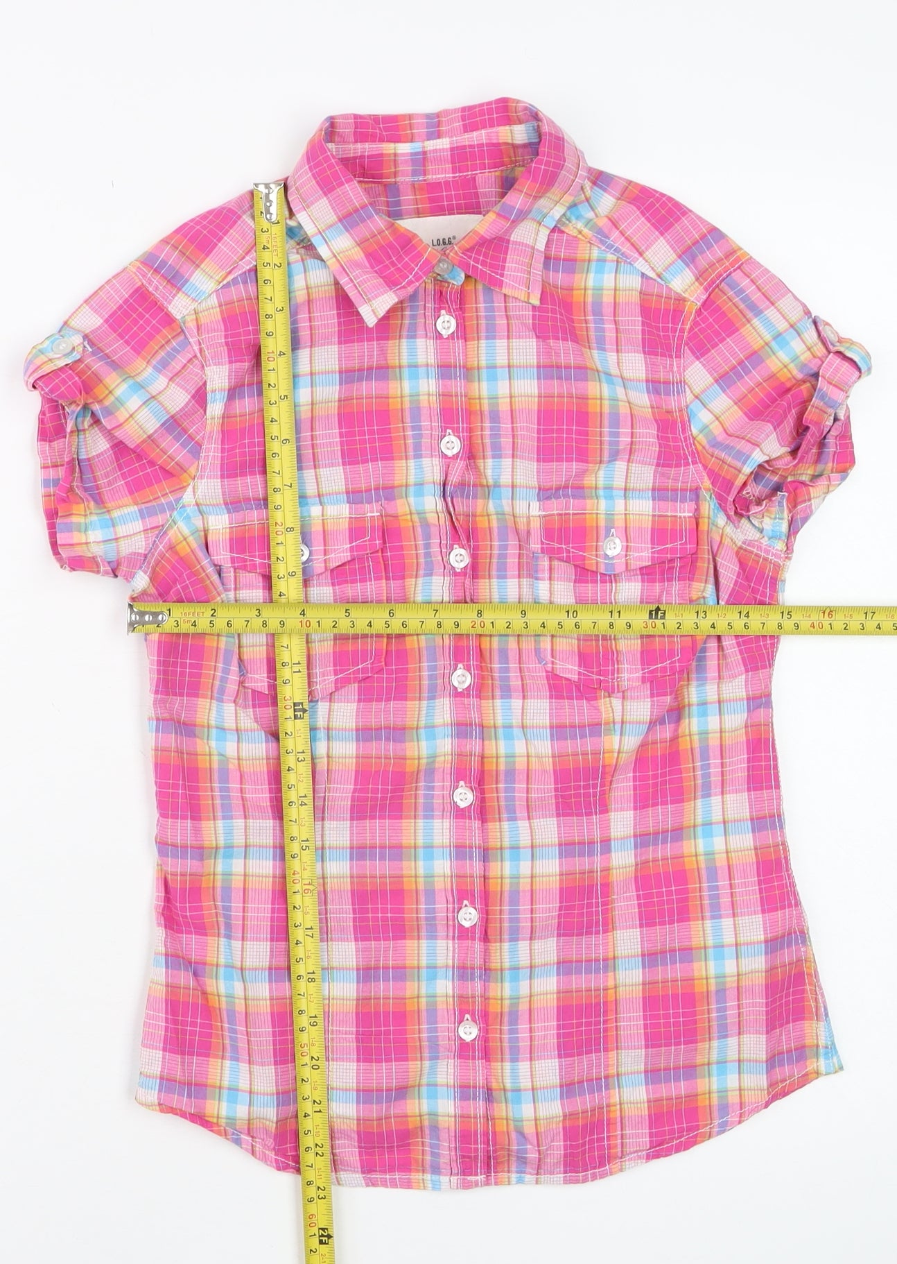 H&M L.O.G.G. Women's Pink Check Cotton Short Sleeve Button-Up Shirt Size 10