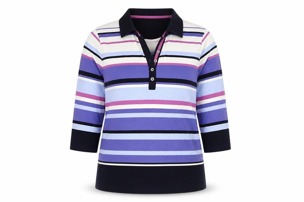 Front view of Dash women’s multicoloured striped 3/4 sleeve polo shirt, size UK 16