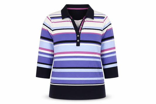 Front view of Dash women’s multicoloured striped 3/4 sleeve polo shirt, size UK 16