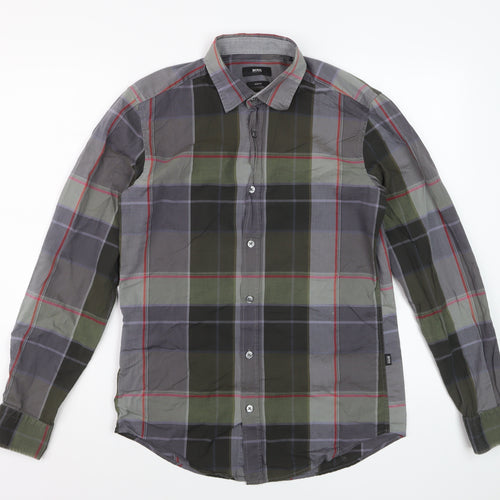 Hugo Boss Men's Grey Green Check Slim Fit Cotton Dress Shirt S