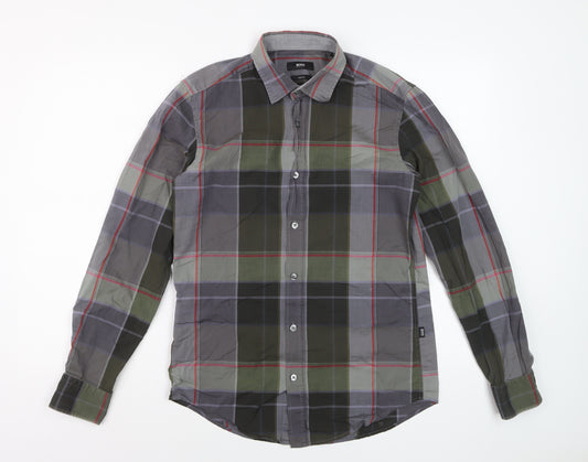 Hugo Boss Men's Grey Green Check Slim Fit Cotton Dress Shirt S