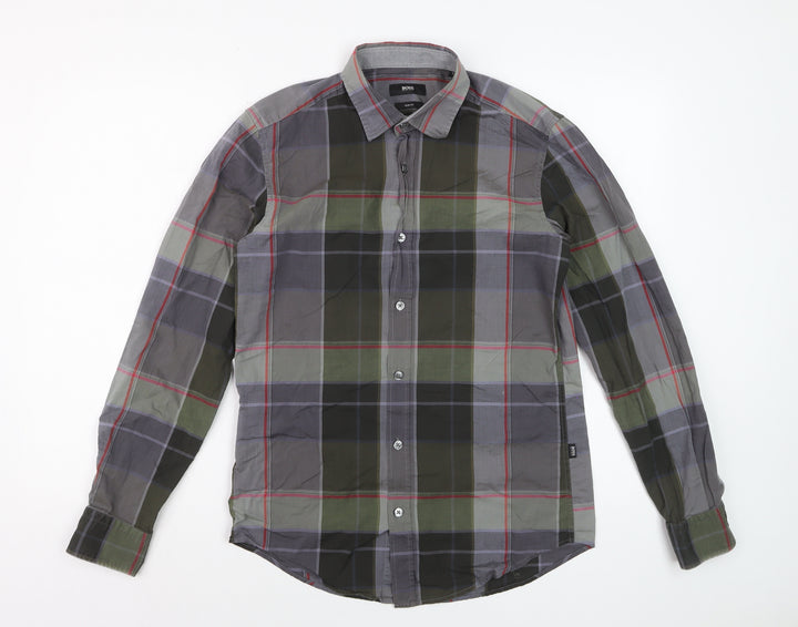 Hugo Boss Men's Grey Green Check Slim Fit Cotton Dress Shirt S