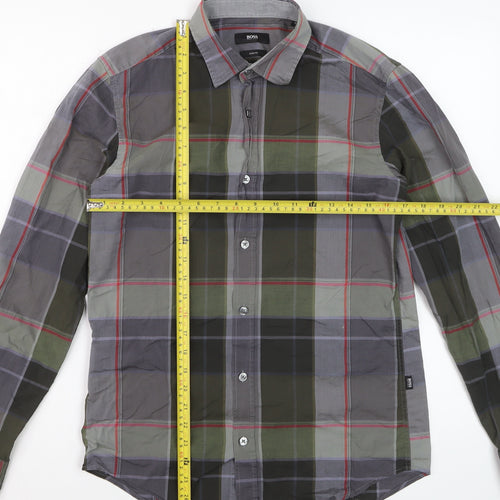 Hugo Boss Men's Grey Green Check Slim Fit Cotton Dress Shirt S