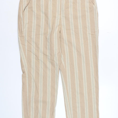 Marks and Spencer Womens Beige Striped Regular Linen Blend Trousers Size 14
