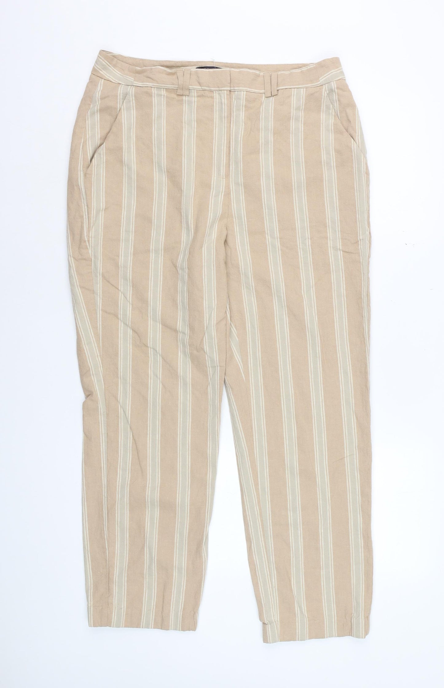 Marks and Spencer Womens Beige Striped Regular Linen Blend Trousers Size 14