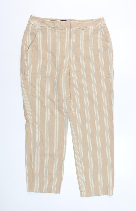 Marks and Spencer Womens Beige Striped Regular Linen Blend Trousers Size 14