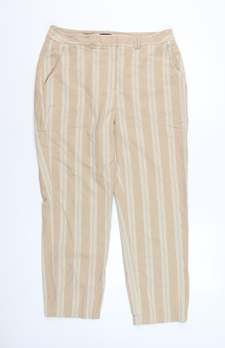 Marks and Spencer Womens Beige Striped Regular Linen Blend Trousers Size 14