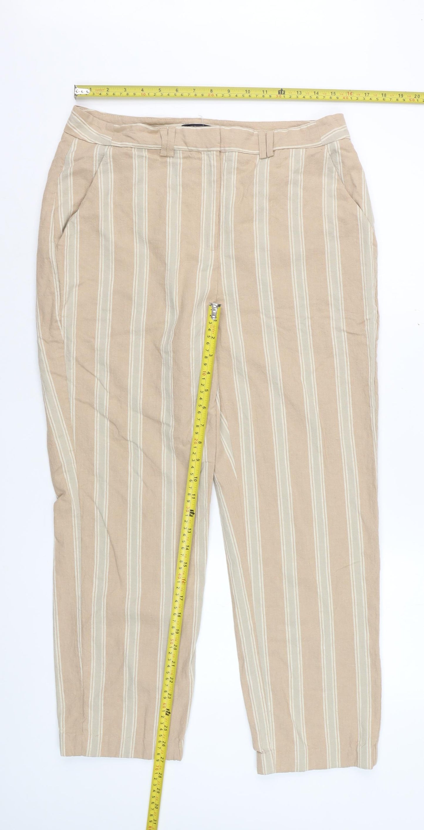 Marks and Spencer Womens Beige Striped Regular Linen Blend Trousers Size 14