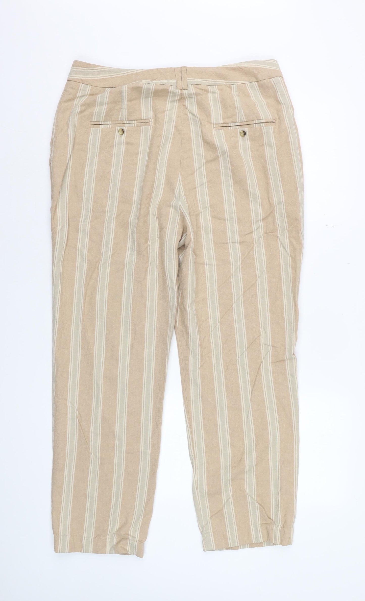 Marks and Spencer Womens Beige Striped Regular Linen Blend Trousers Size 14
