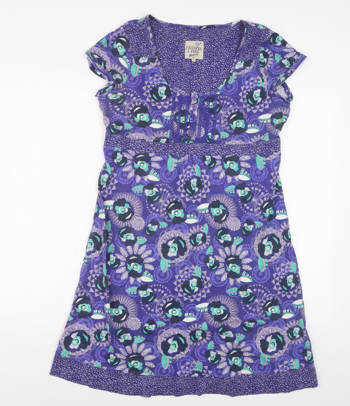 Mantaray Women Purple Floral A-Line Cotton Summer Dress Size 16