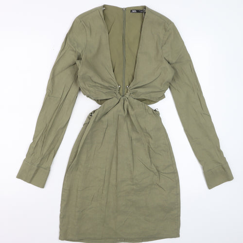 Zara Womens Khaki Cut Out Bodycon Mini Dress Long Sleeve UK 10