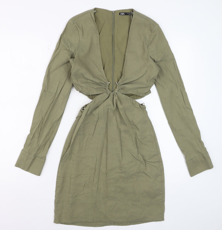 Zara Womens Khaki Cut Out Bodycon Mini Dress Long Sleeve UK 10