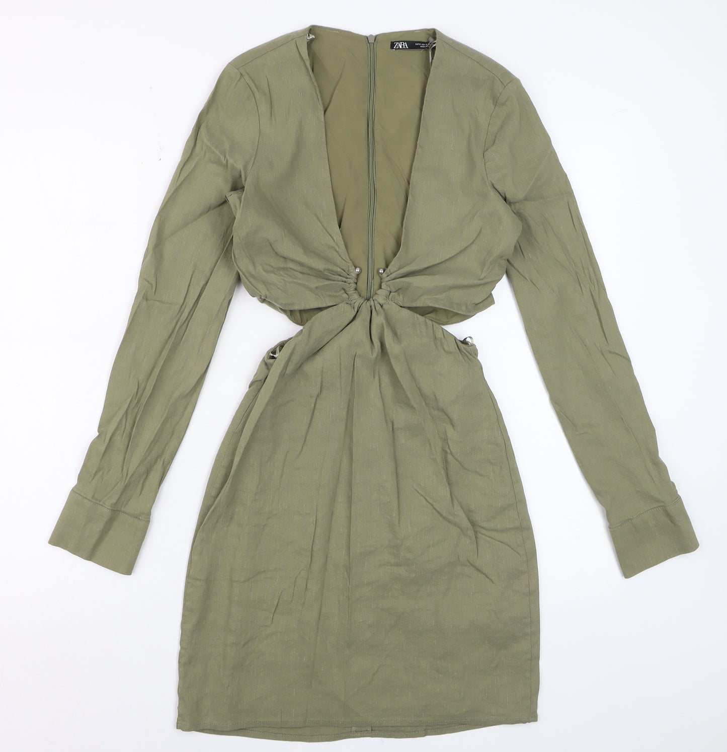 Zara Womens Khaki Cut Out Bodycon Mini Dress Long Sleeve UK 10