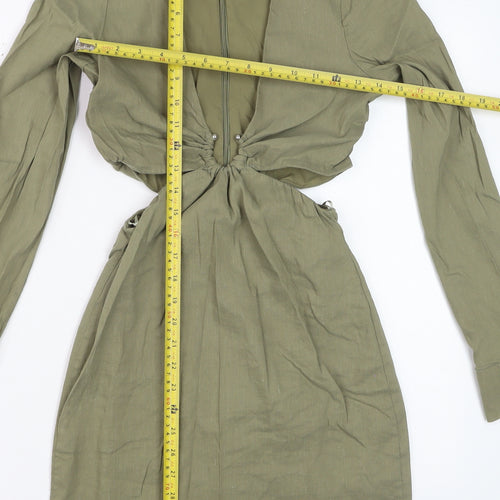 Zara Womens Khaki Cut Out Bodycon Mini Dress Long Sleeve UK 10