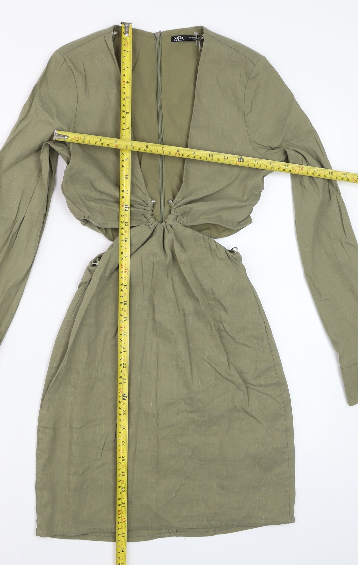 Zara Womens Khaki Cut Out Bodycon Mini Dress Long Sleeve UK 10