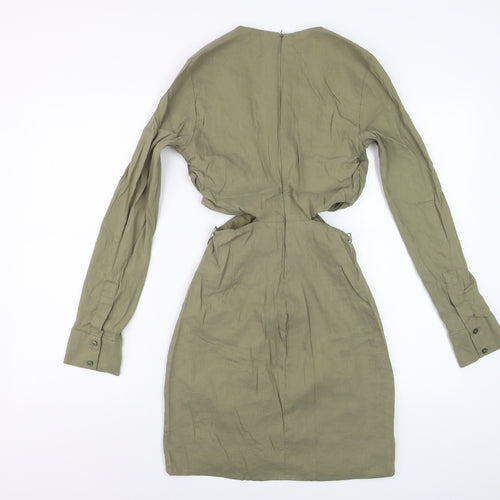 Zara Womens Khaki Cut Out Bodycon Mini Dress Long Sleeve UK 10