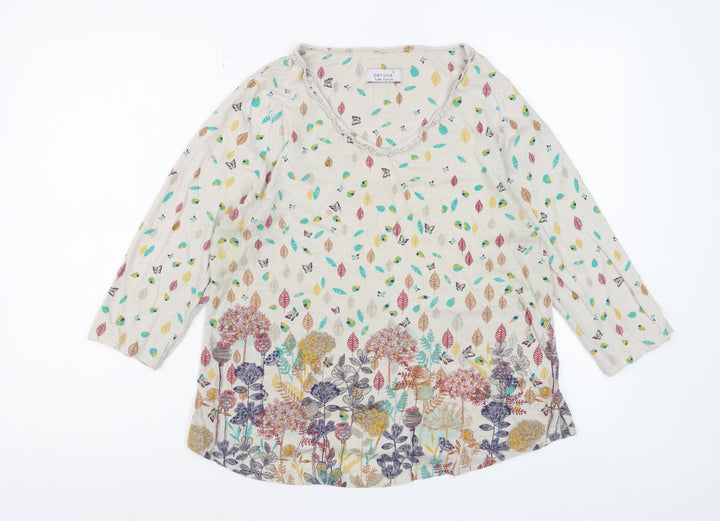 Marks and Spencer Per Una Women’s Beige Floral Leaf Print 3/4 Sleeve Cotton Top UK 16